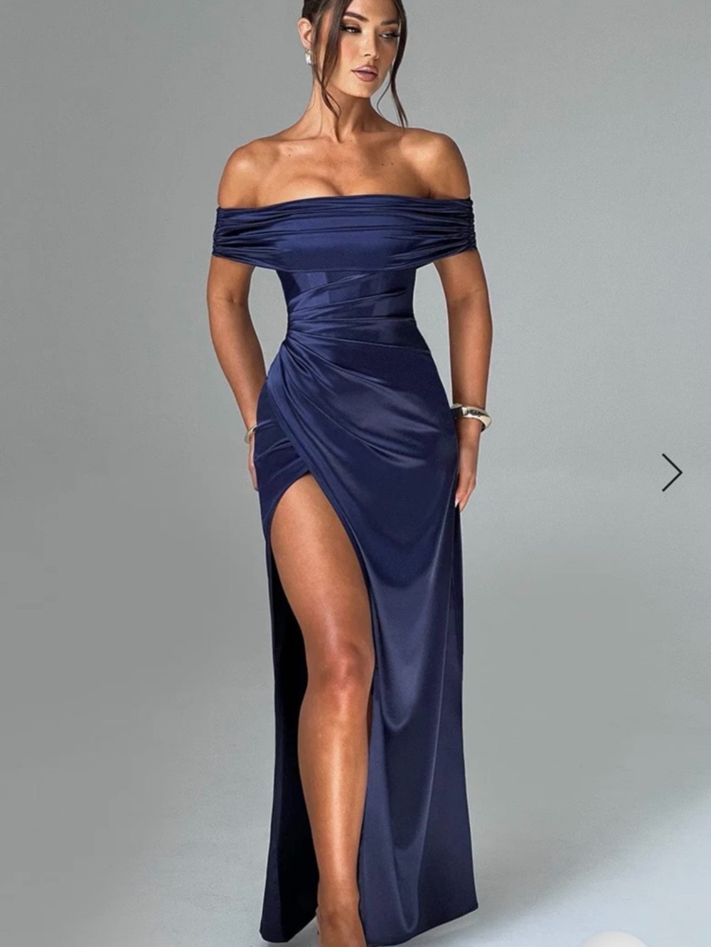 BABYBOO Off-Shoulder Navy Maxi Gown with High Slit.